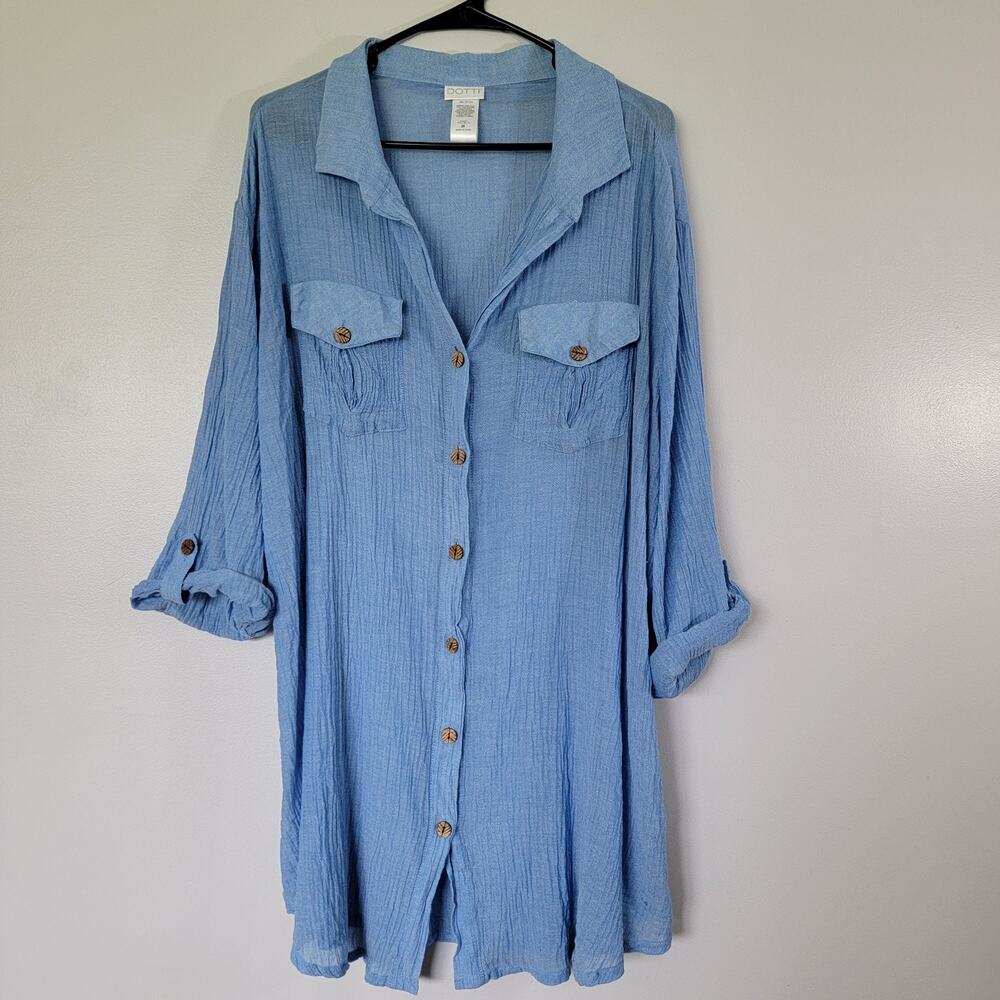 Dotti Gauzy Blue Button Tunic Womens 2X Lightweight Coastal Whimsy 100% Cotton